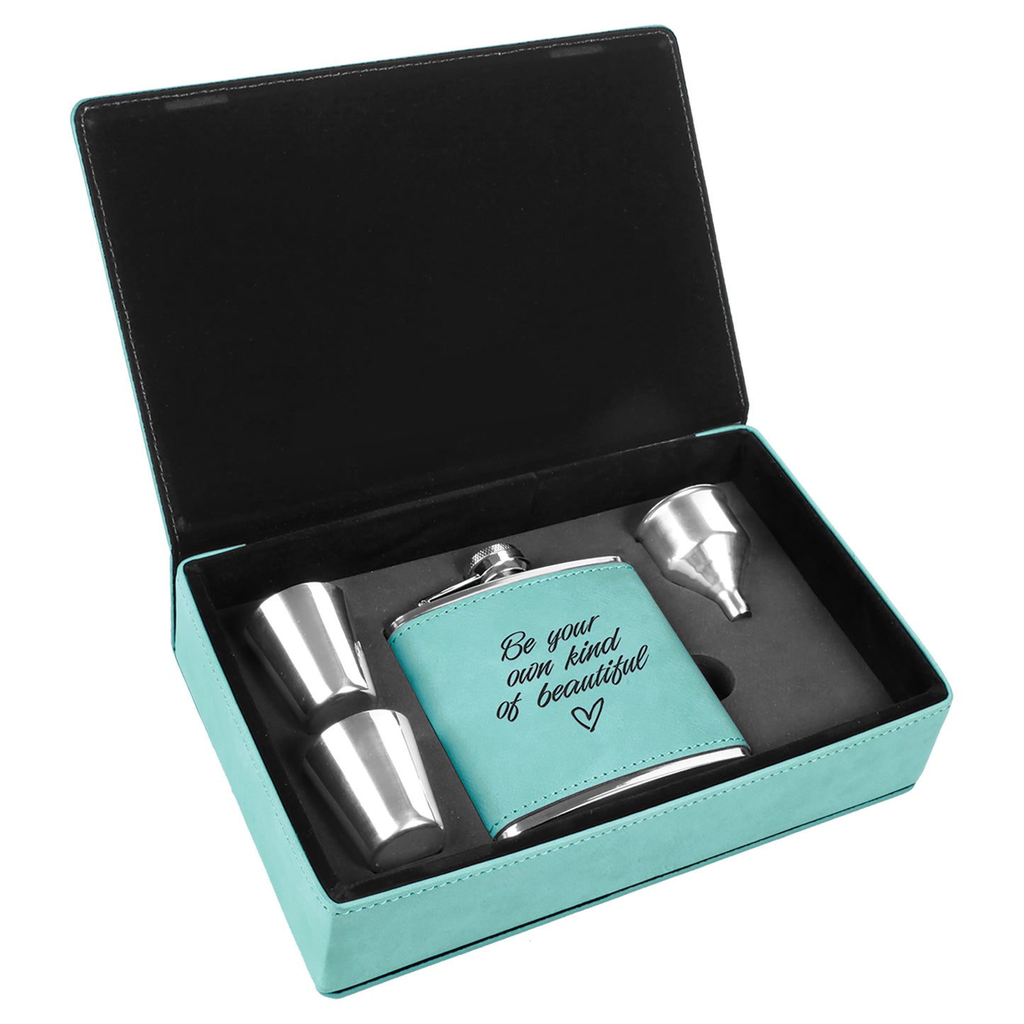 Personalized Laser Engraved Teal 6 oz. Leatherette Flask Set
