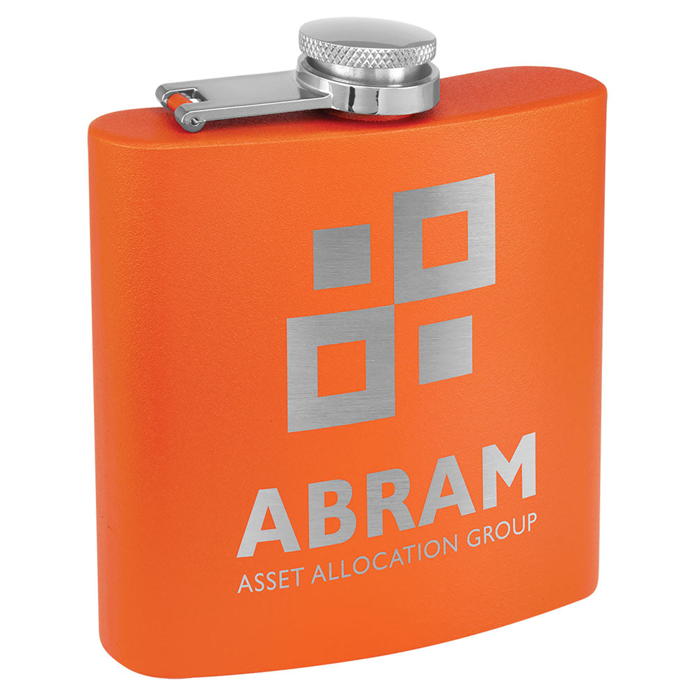 Personalized Laser Engraved 6 oz. Matte Orange Powder Coated Stainless Steel Flask