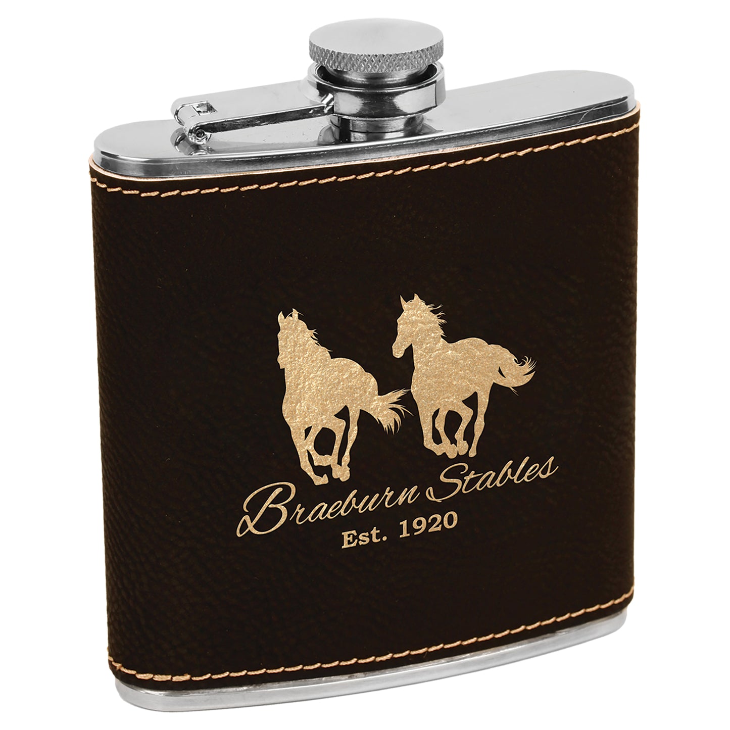 Personalized Laser Engraved 6 oz. Black/Gold Leatherette Stainless Steel Flask