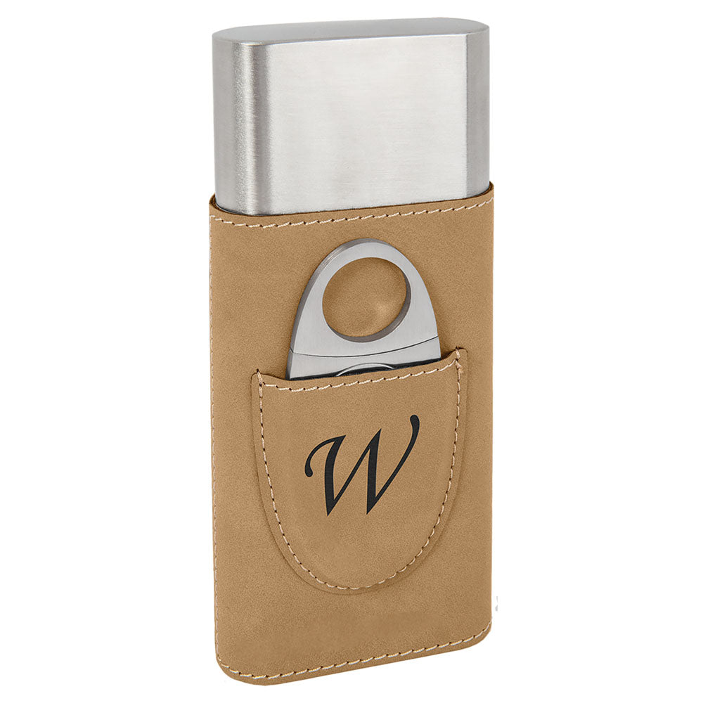 Personalized Laser Engraved Light Brown Leatherette Cigar Case with Cutter