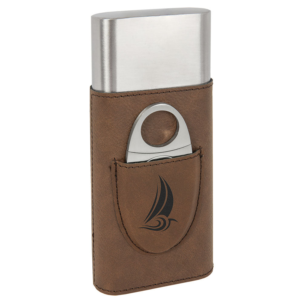 Personalized Laser Engraved Dark Brown Leatherette Cigar Case with Cutter
