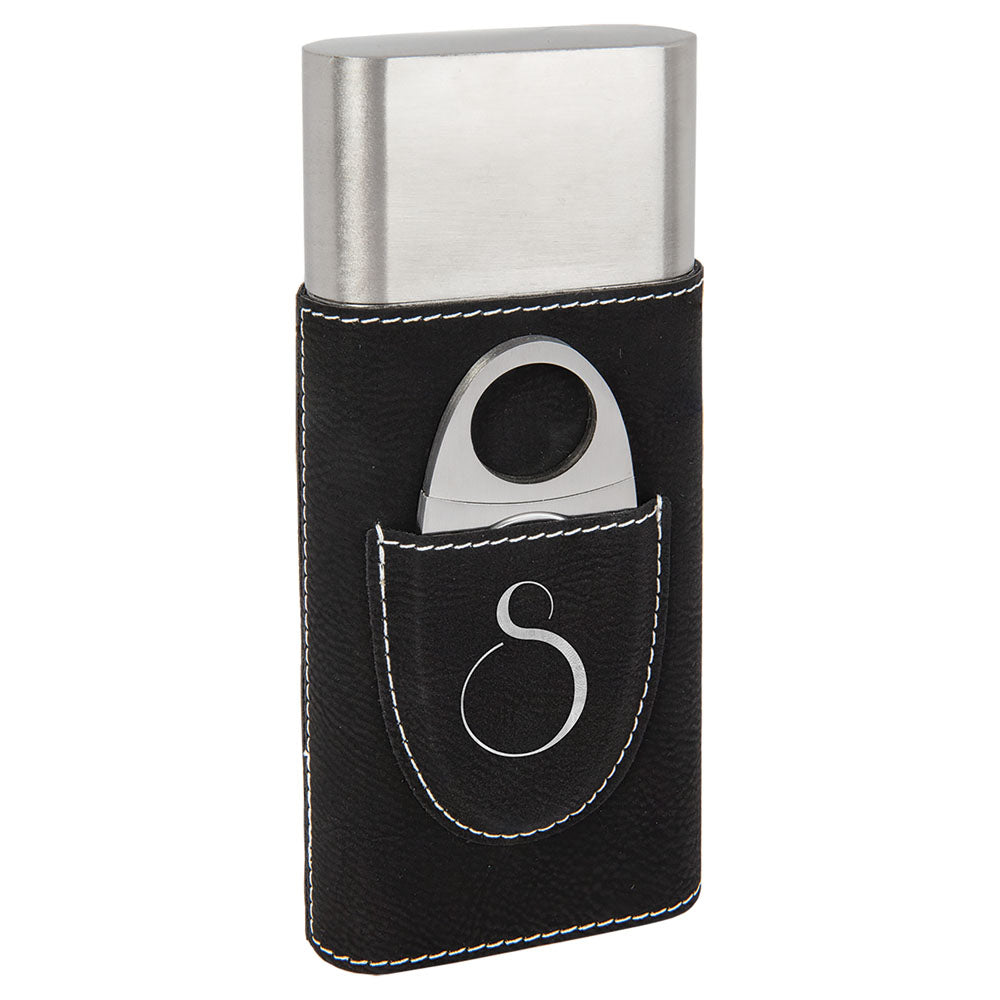 Personalized Laser Engraved Black/Silver Leatherette Cigar Case with Cutter