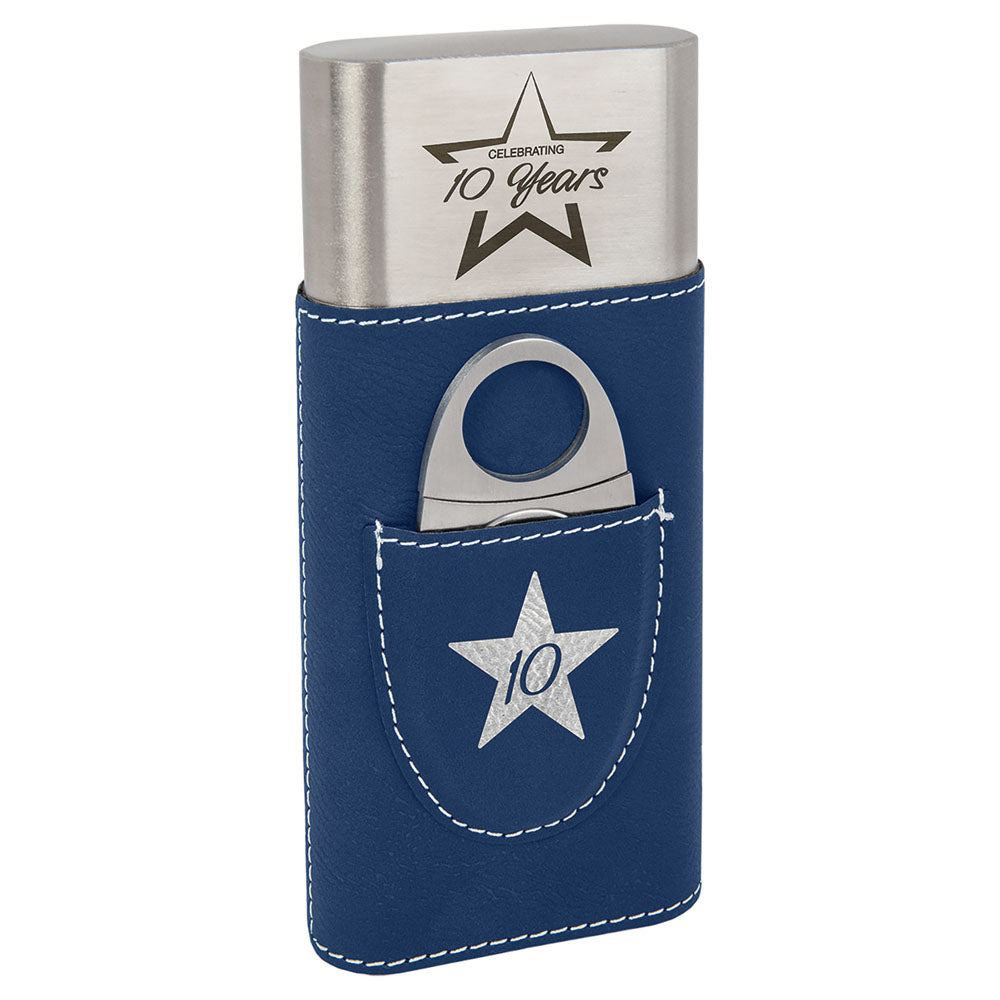 Personalized Laser Engraved Blue/Silver Leatherette Cigar Case with Cutter