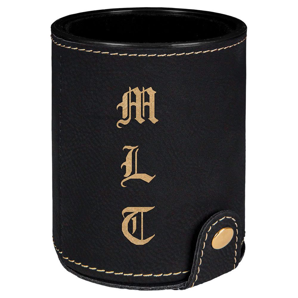 Personalized Laser Engraved Black/Gold Leatherette Game Dice Cup with 5 Dice