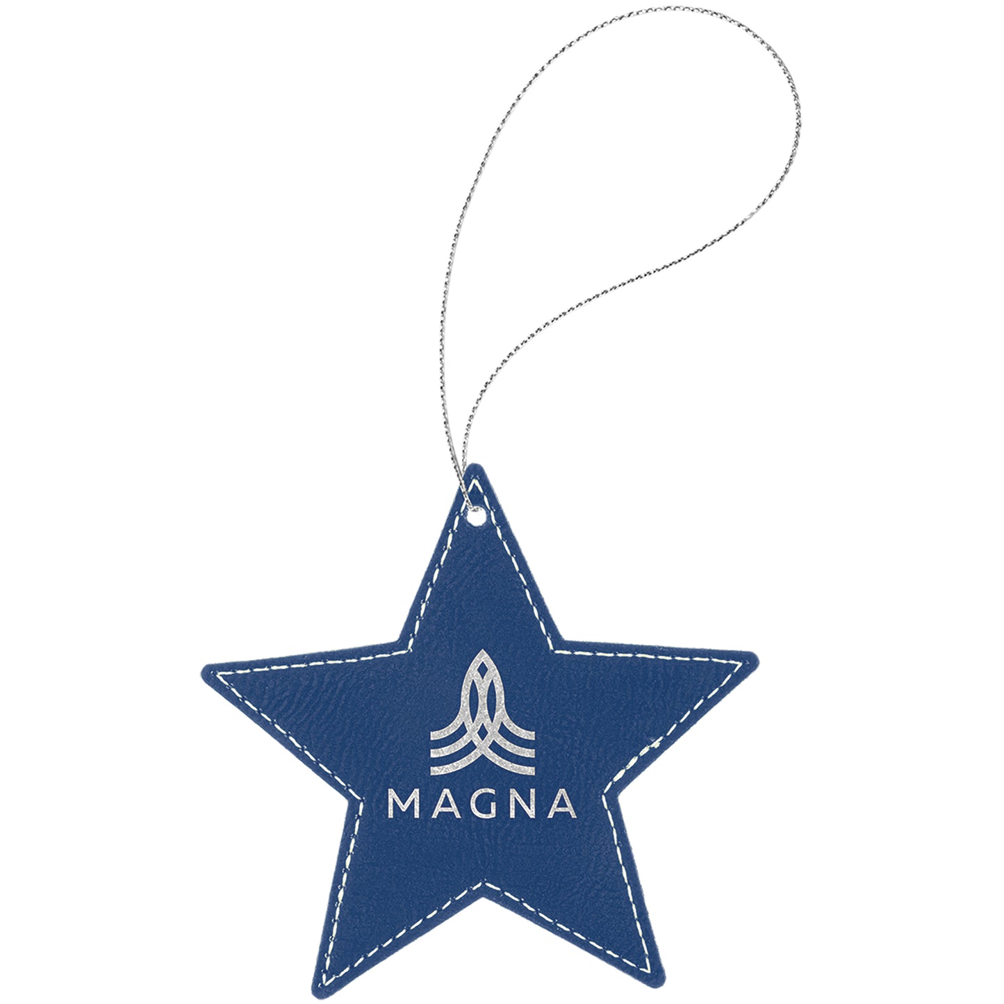 Personalized Laser Engraved Blue/Silver Leatherette Star Ornament with Silver String
