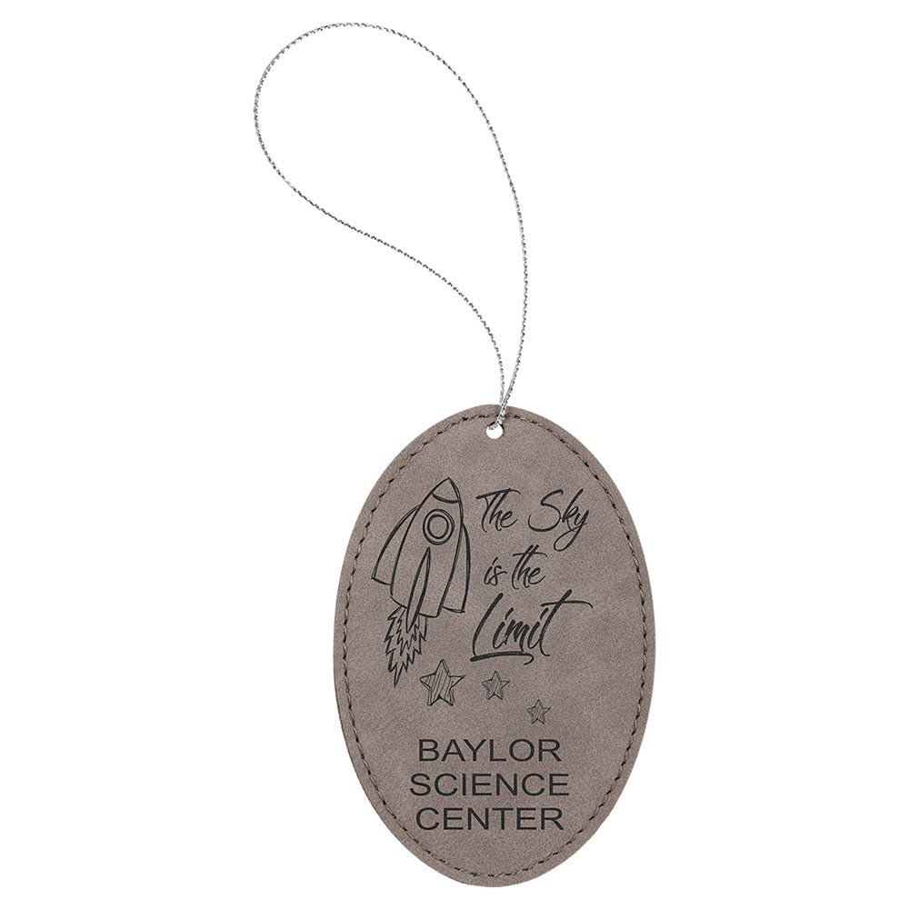 Personalized Laser Engraved Gray Leatherette Oval Ornament with Gold String