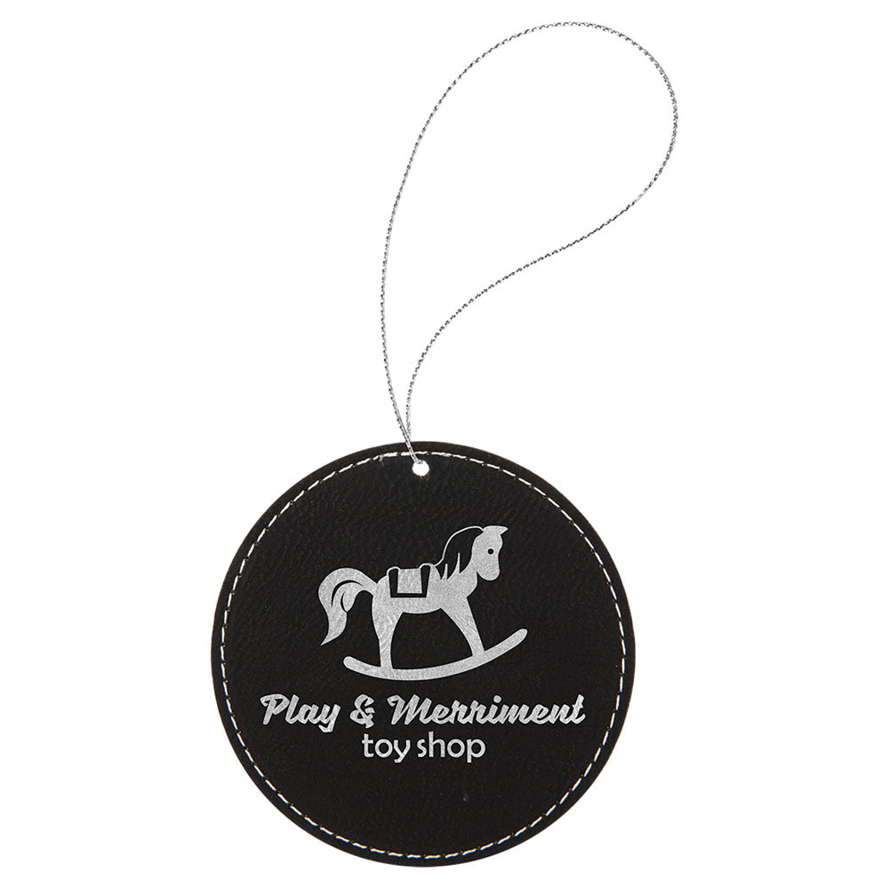 Personalized Laser Engraved Black/Silver Leatherette Round Ornament with Silver String