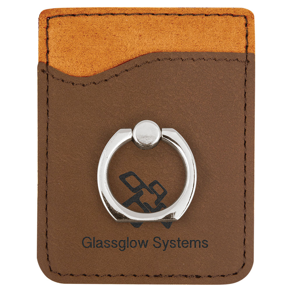 Personalized Laser Engraved Dark Brown Leatherette Phone Wallet with Silver Ring