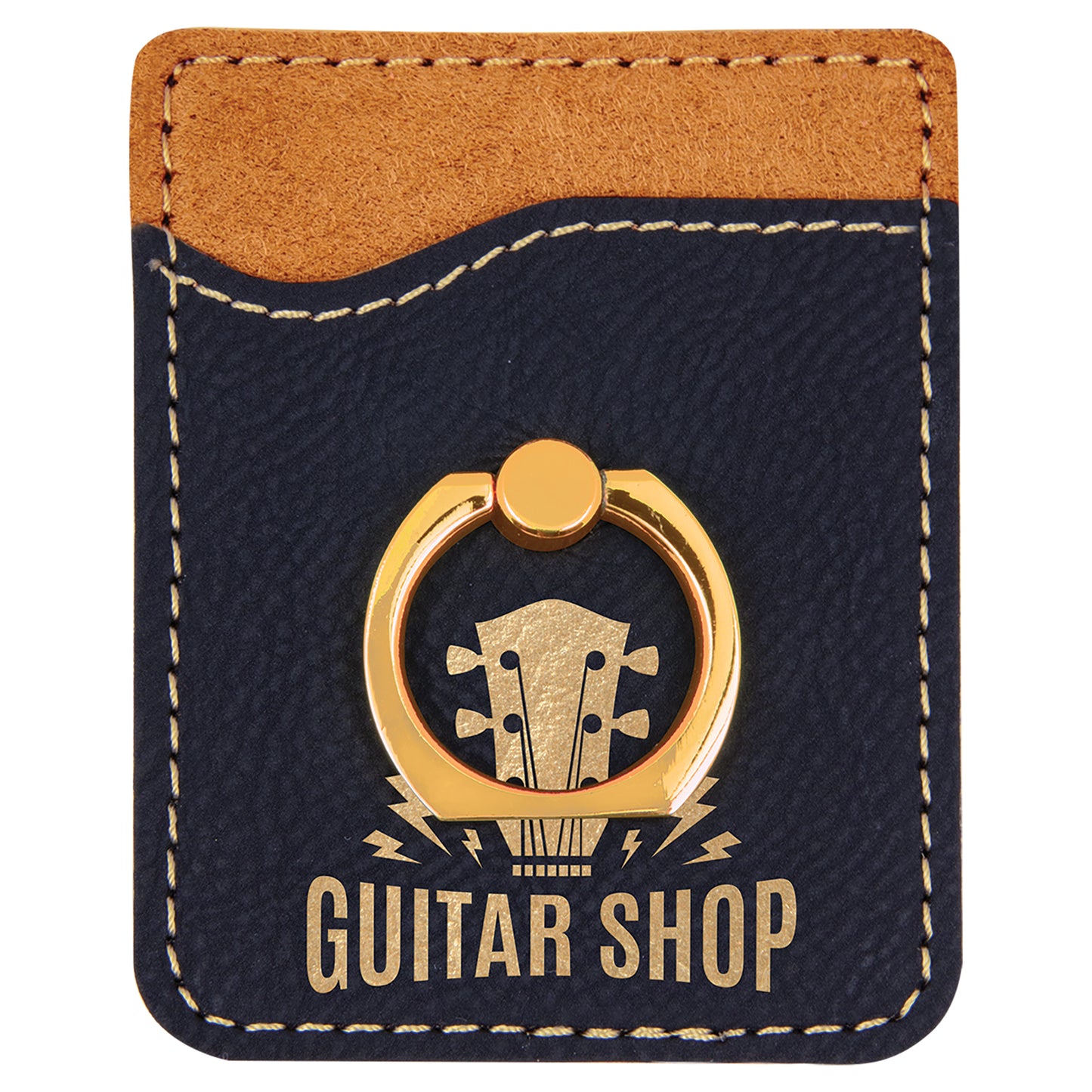 Personalized Laser Engraved Black/Gold Leatherette Phone Wallet with Gold Ring