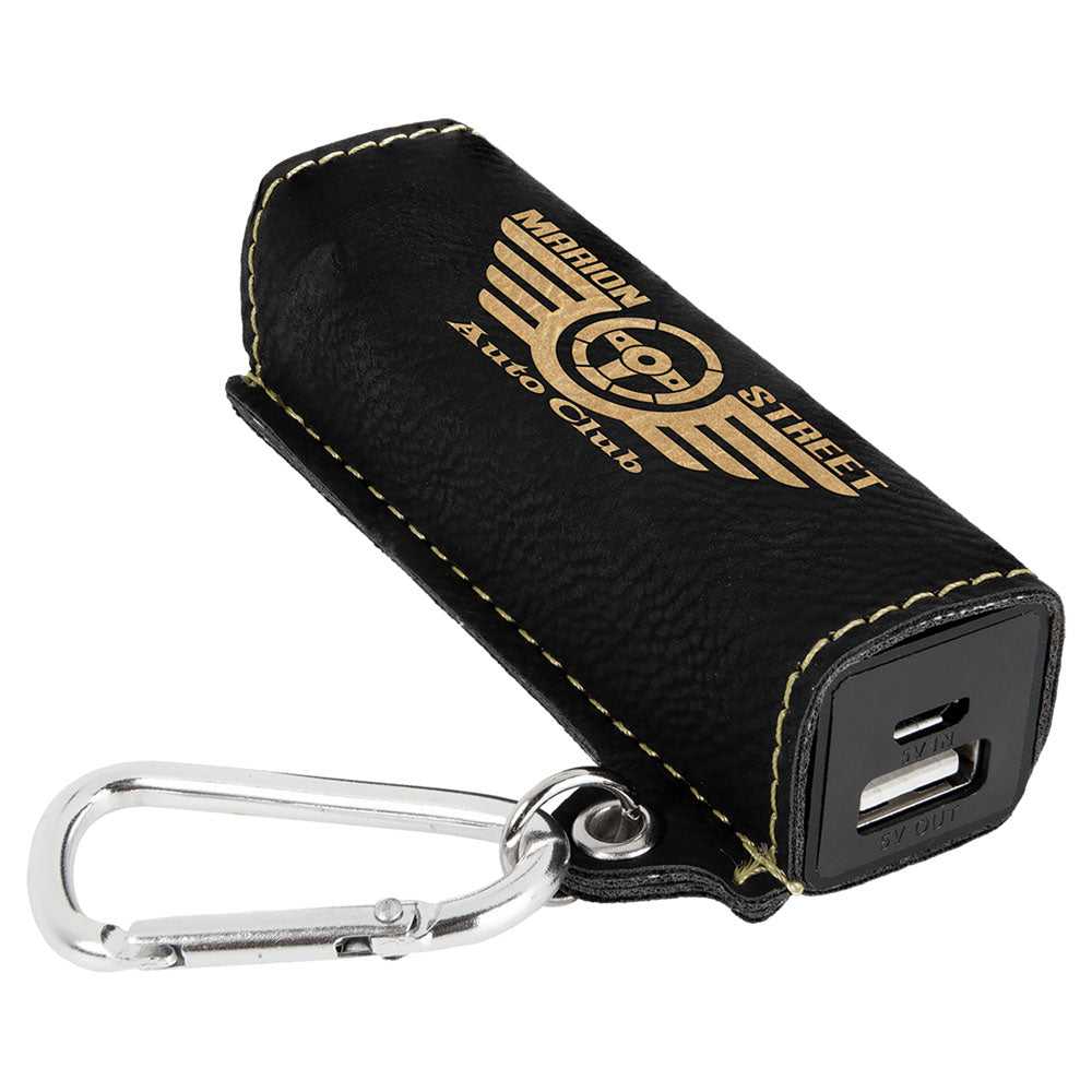 Personalized Laser Engraved Black/Gold Leatherette 2200 mAh Power Bank with USB Cord