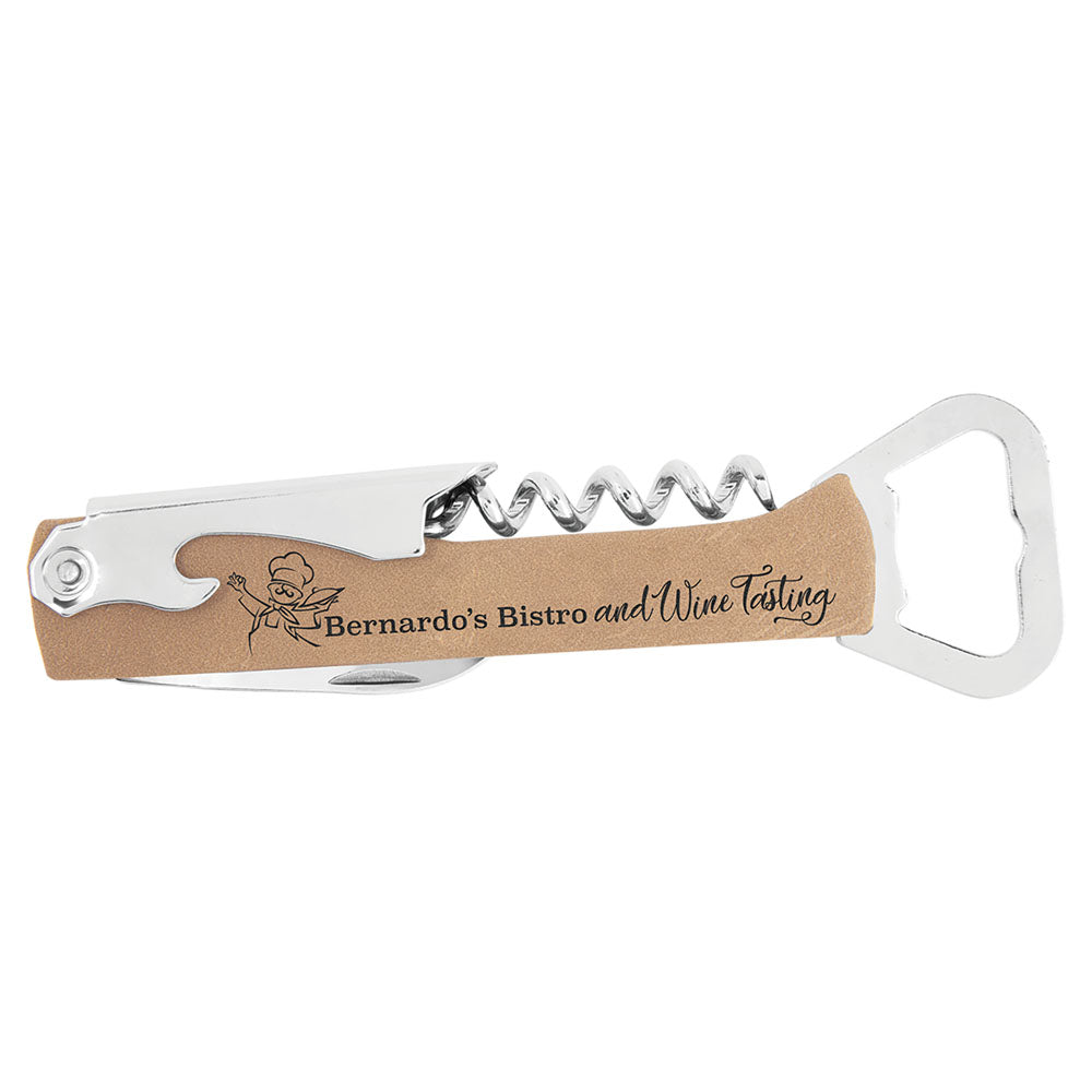 Personalized Laser Engraved Light Brown Leatherette Wine Bottle Opener