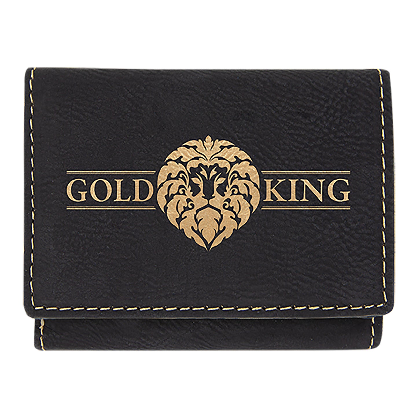 Personalized Laser Engraved 3" x 4" Black/Gold Leatherette Trifold Wallet