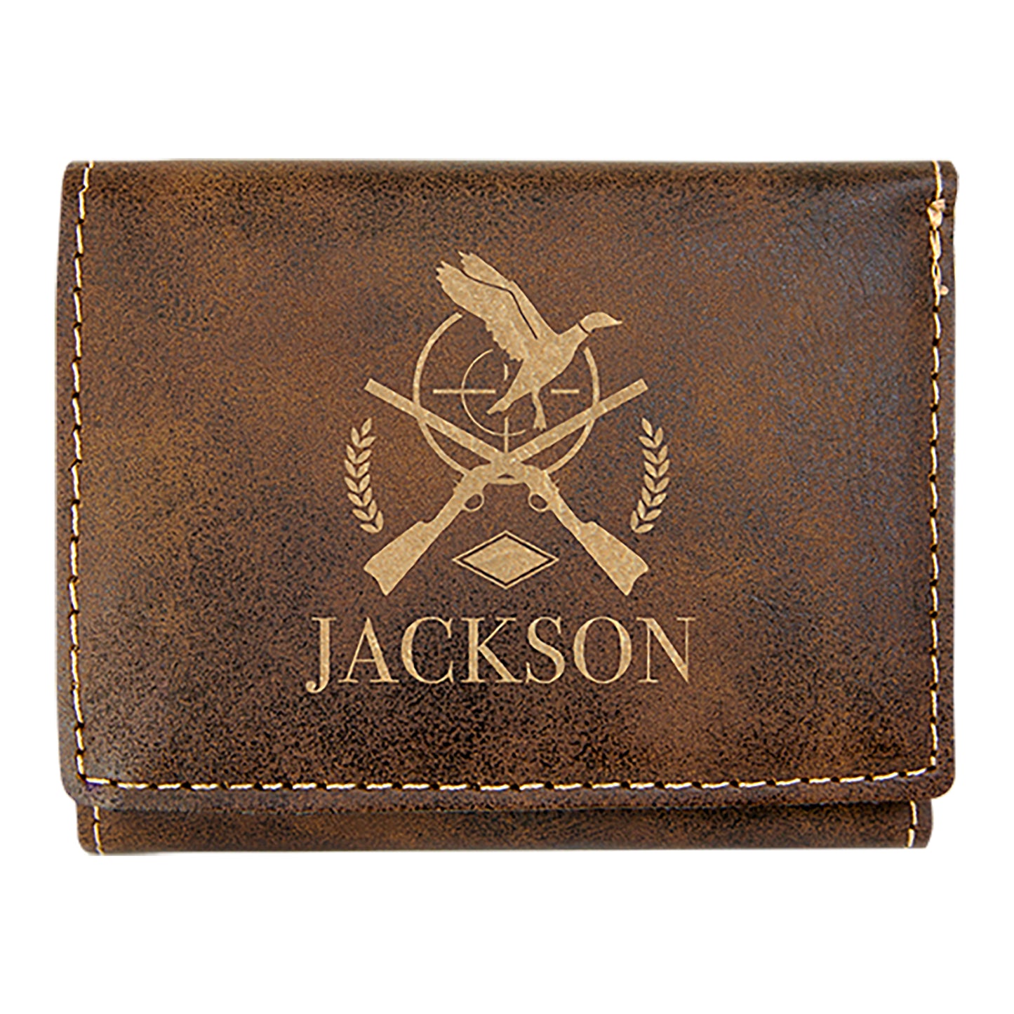 Personalized Laser Engraved 3" x 4" Rustic/Gold Leatherette Trifold Wallet
