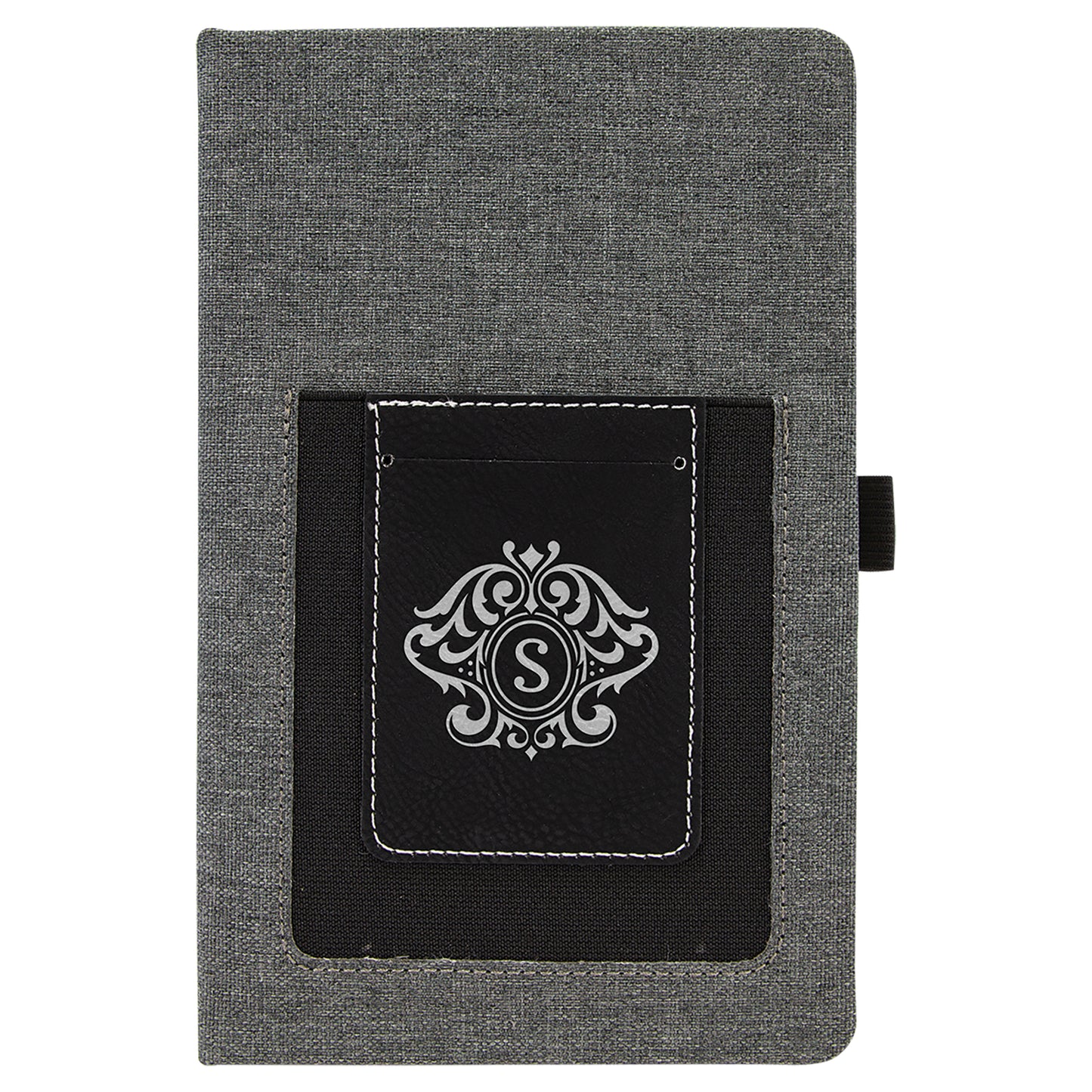 Personalized Laser Engraved 5 1/4" x 8 1/4" Gray w/Black Leatherette Journal with Cell/Card Slot