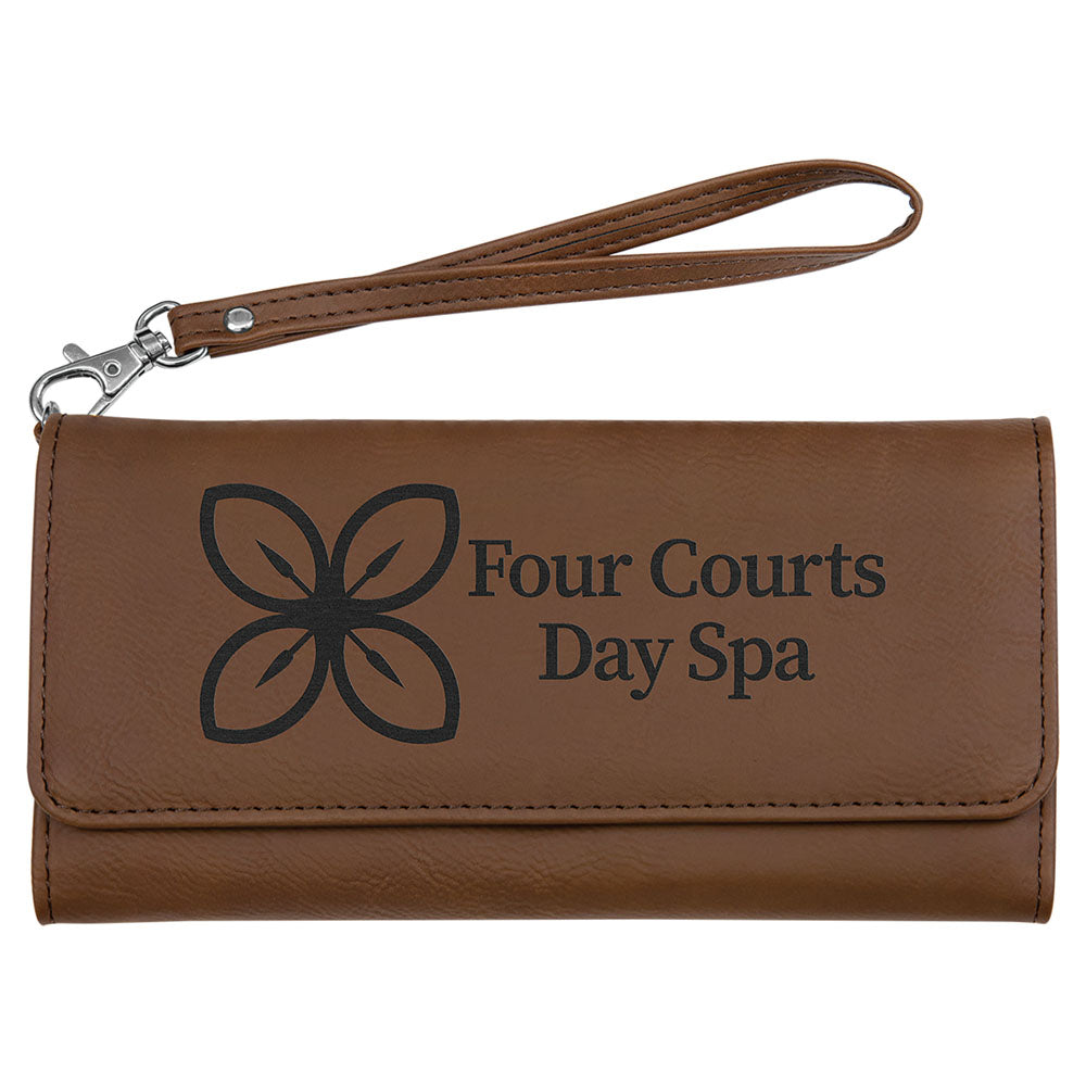 Personalized Laser Engraved 7 1/2" x 4" Dark Brown Leatherette Wallet with Strap