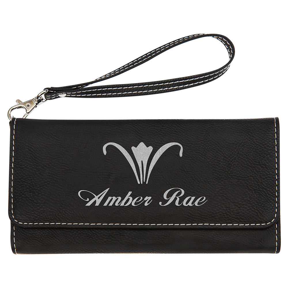 Personalized Laser Engraved 7 1/2" x 4" Black/Silver Leatherette Wallet with Strap
