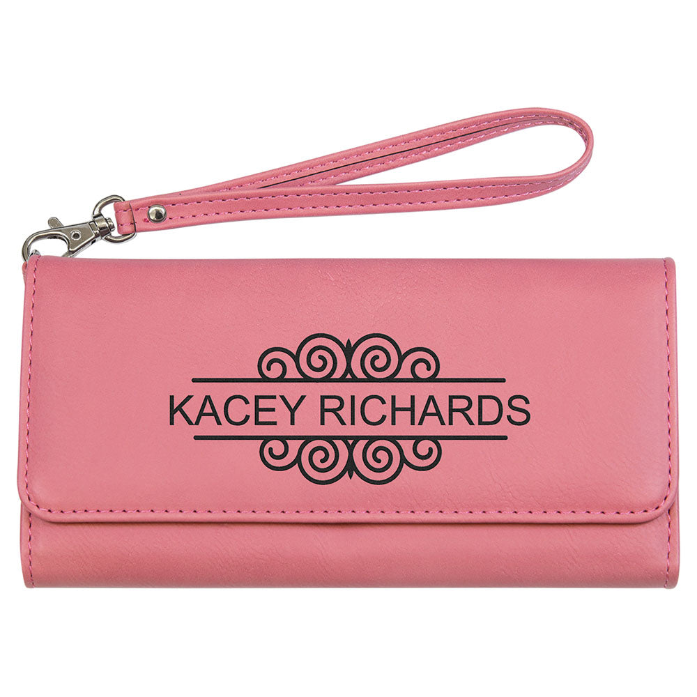 Personalized Laser Engraved 7 1/2" x 4" Pink Leatherette Wallet with Strap