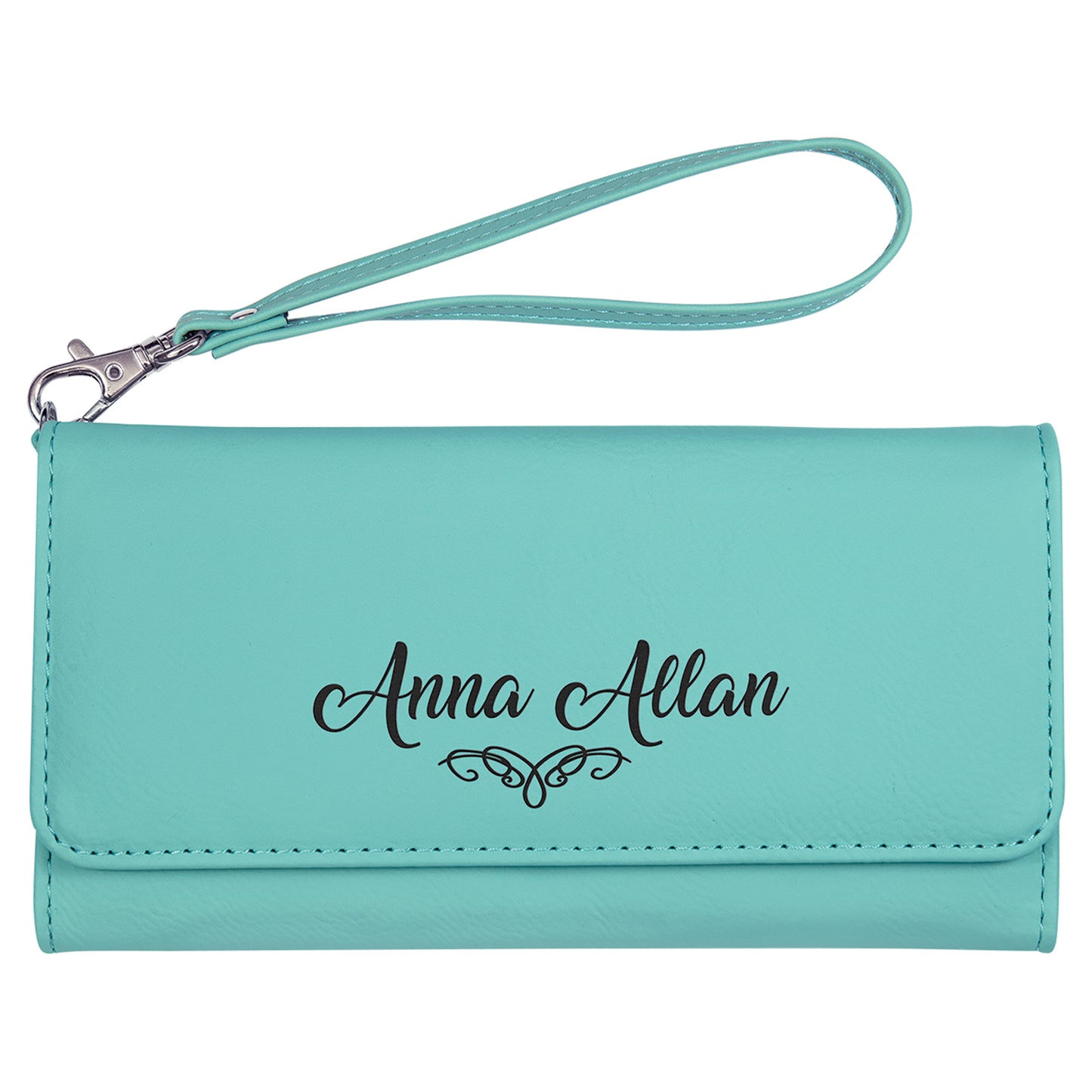 Personalized Laser Engraved 7 1/2" x 4" Teal Leatherette Wallet with Strap