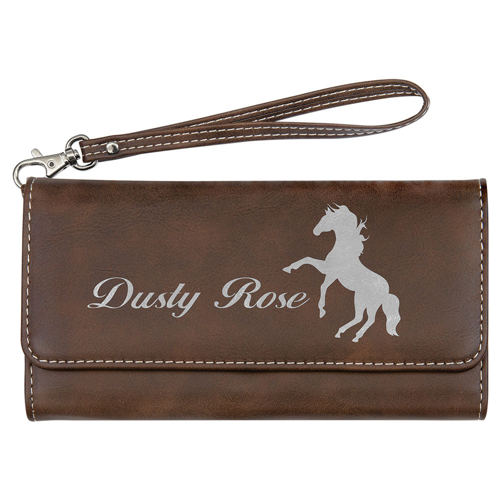 Personalized Laser Engraved 7 1/2" x 4" Rustic/Silver Leatherette Wallet with Strap