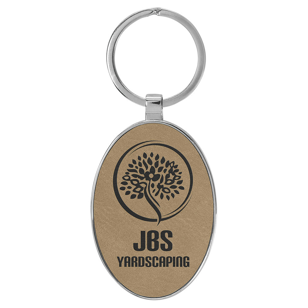 Personalized Laser Engraved 3" x 1 3/4" Leatherette/Metal Light Brown Oval Keychain