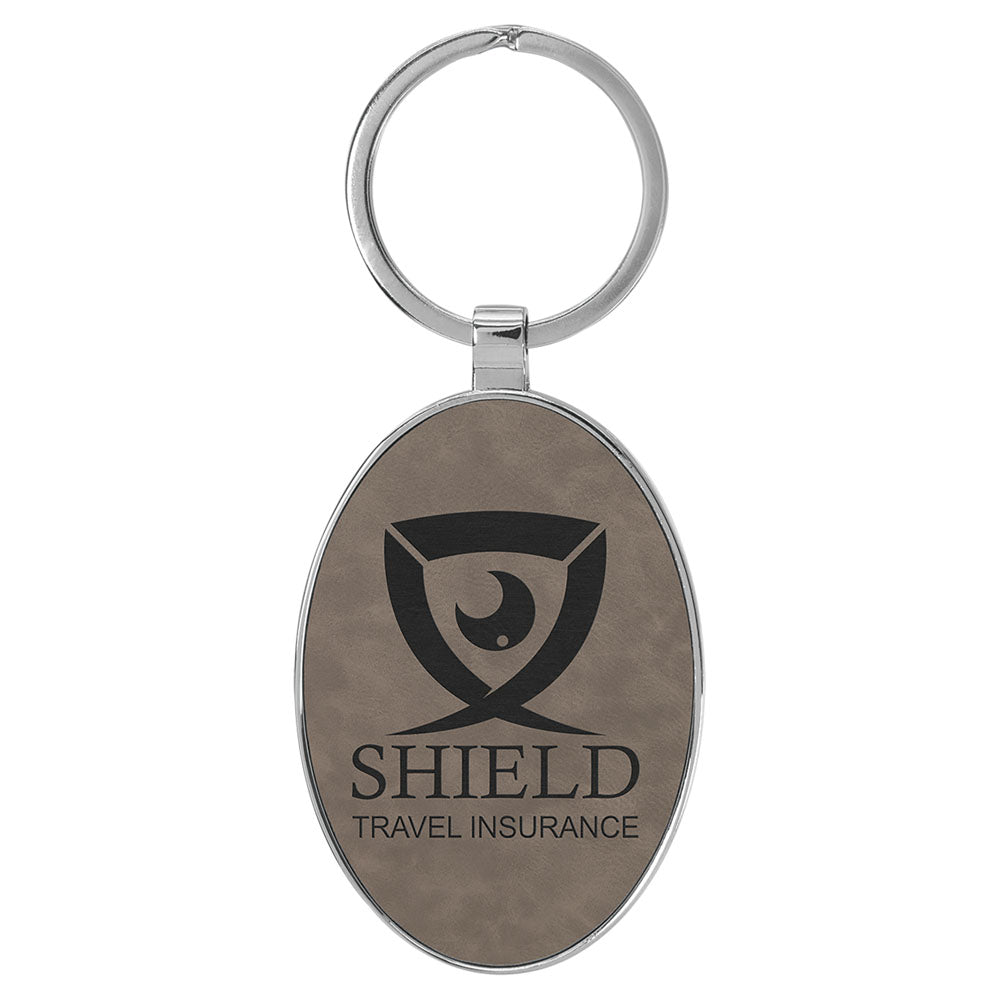 Personalized Laser Engraved 3" x 1 3/4" Leatherette/Metal Gray Oval Keychain
