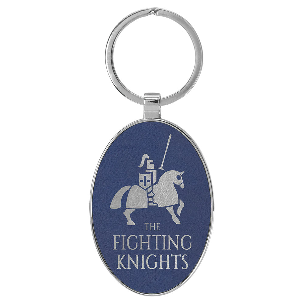 Personalized Laser Engraved 3" x 1 3/4" Leatherette/Metal Blue/Silver Oval Keychain