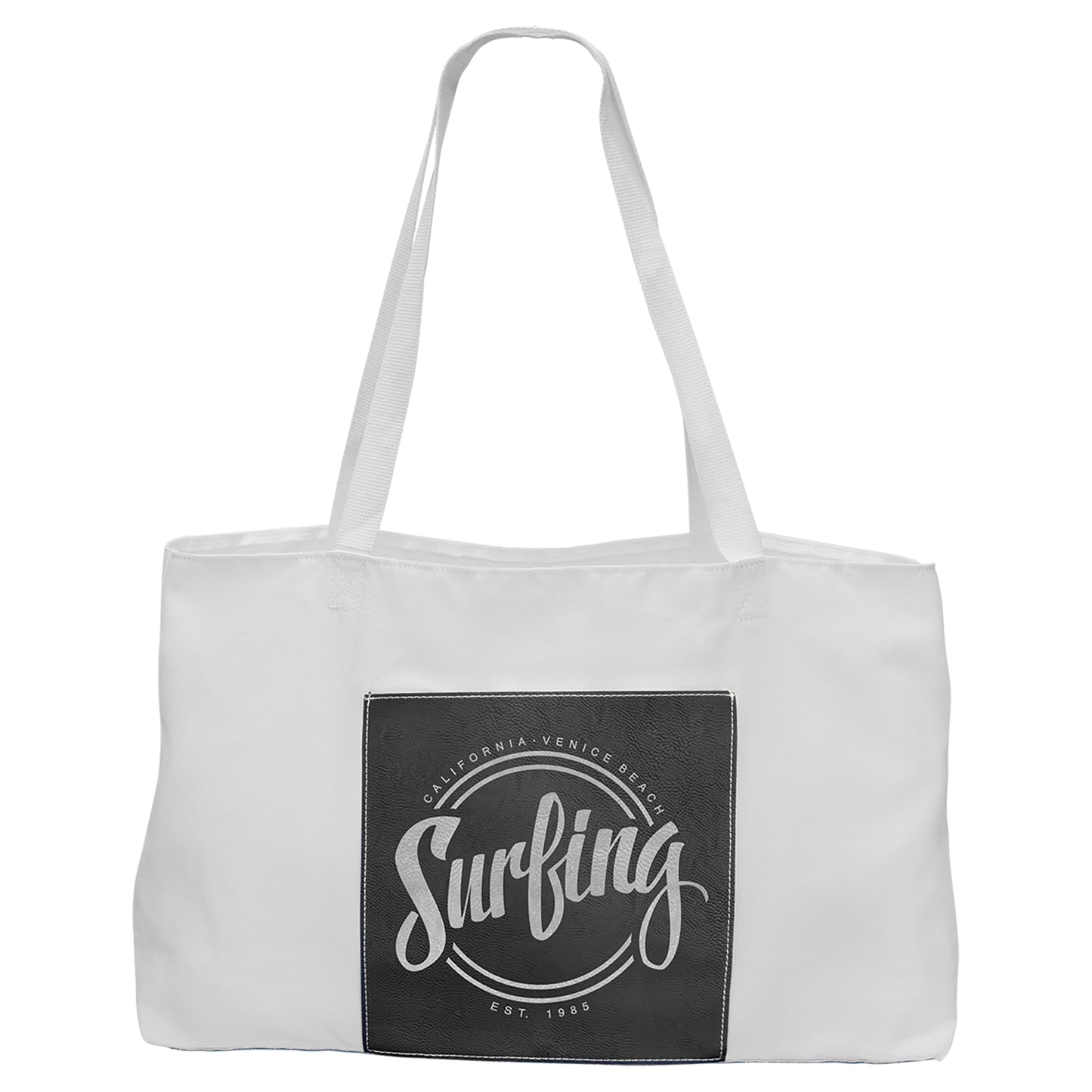 Personalized Laser Engraved 19" x 12" White Bag with 5" Black/Silver Leatherette Gusset