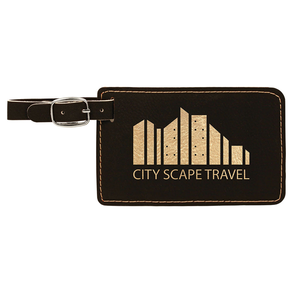 Personalized Laser Engraved 4 1/4" x 2 3/4" Black/Gold Leatherette Luggage Tag