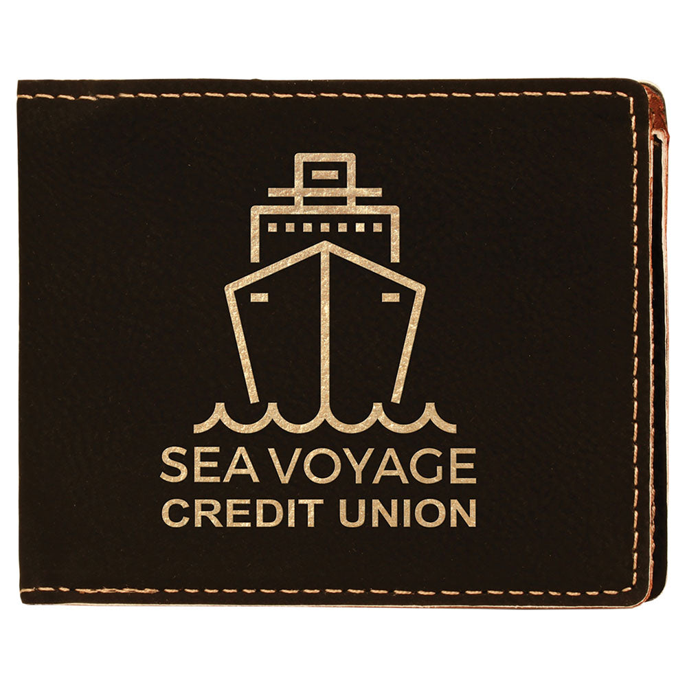 Personalized Laser Engraved 4 1/2" x 3 1/2" Black/Gold Leatherette Bifold Wallet