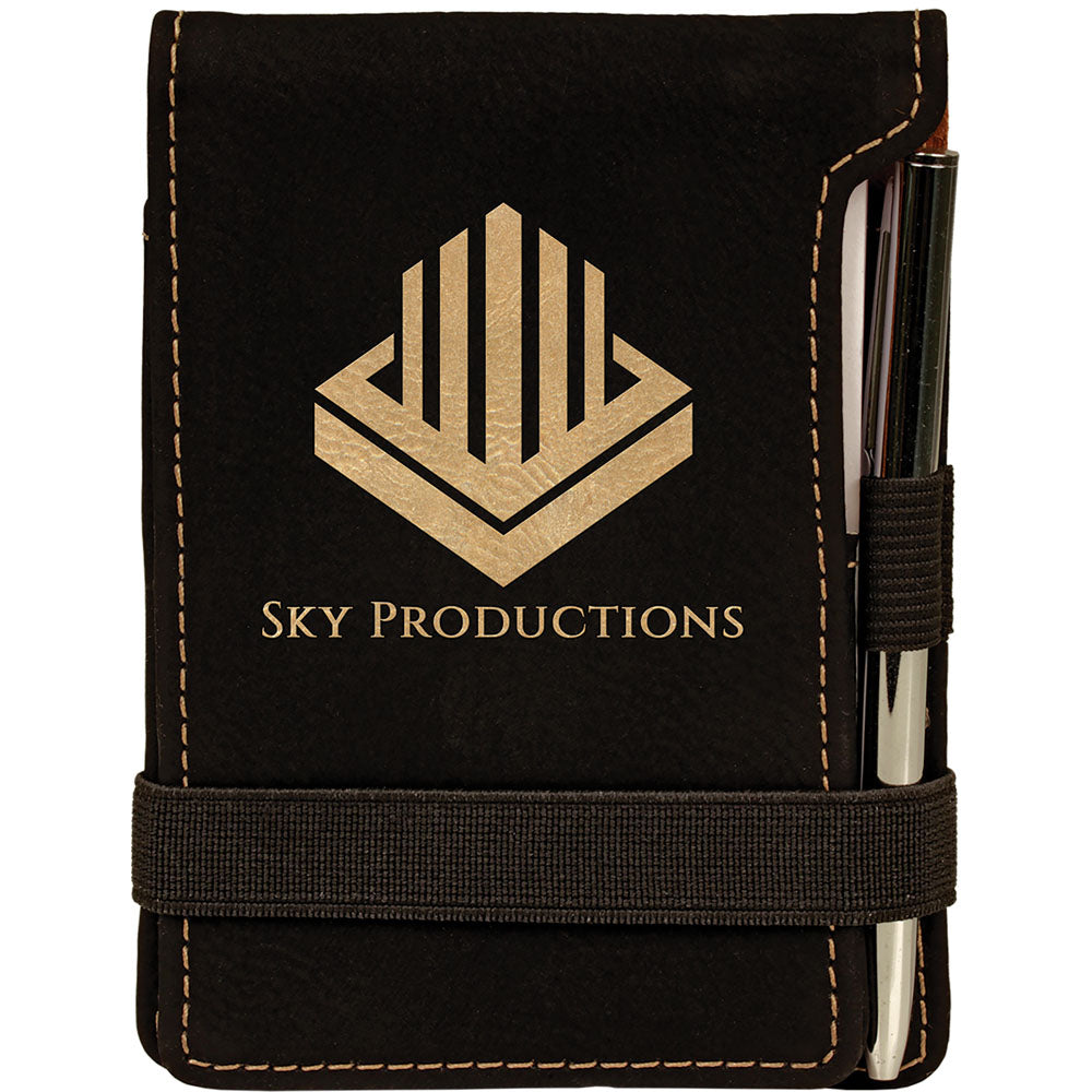 Personalized Laser Engraved 3 1/4" x 4 3/4" Black/Gold Leatherette Mini Notepad with Pen