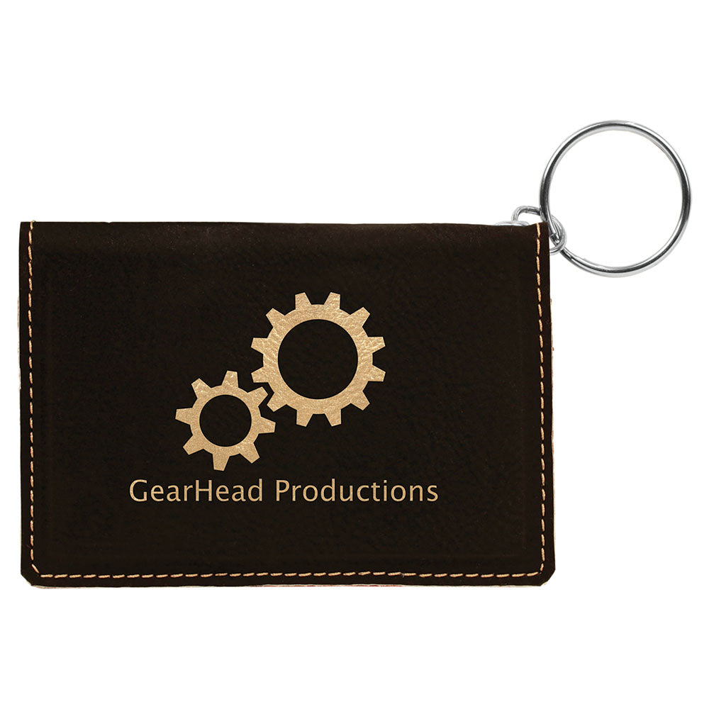 Personalized Laser Engraved 4 1/4" x 3" Black/Gold Leatherette Keychain ID Holder