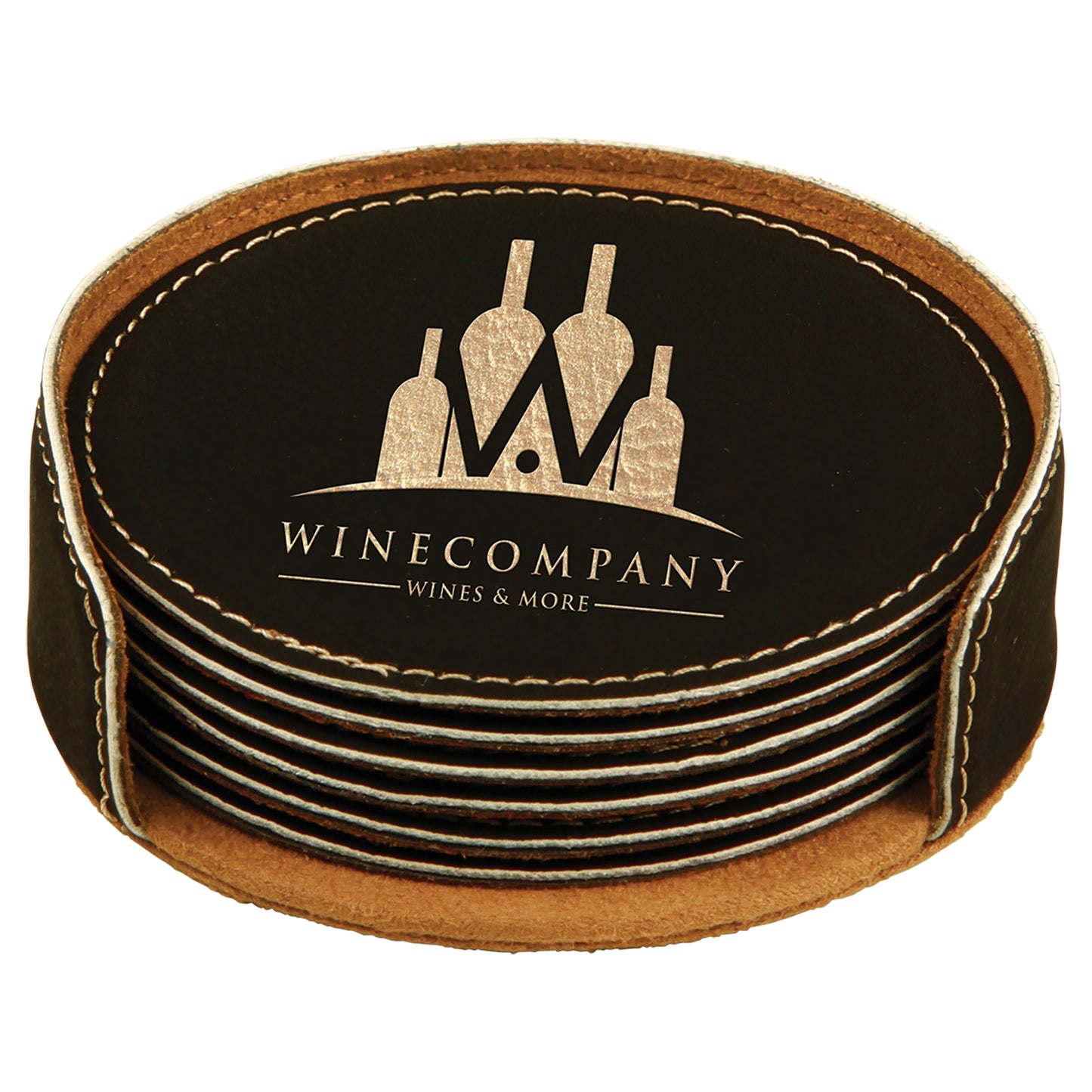 Personalized Laser Engraved 4" Black/Gold Round Leatherette 6-Coaster Set
