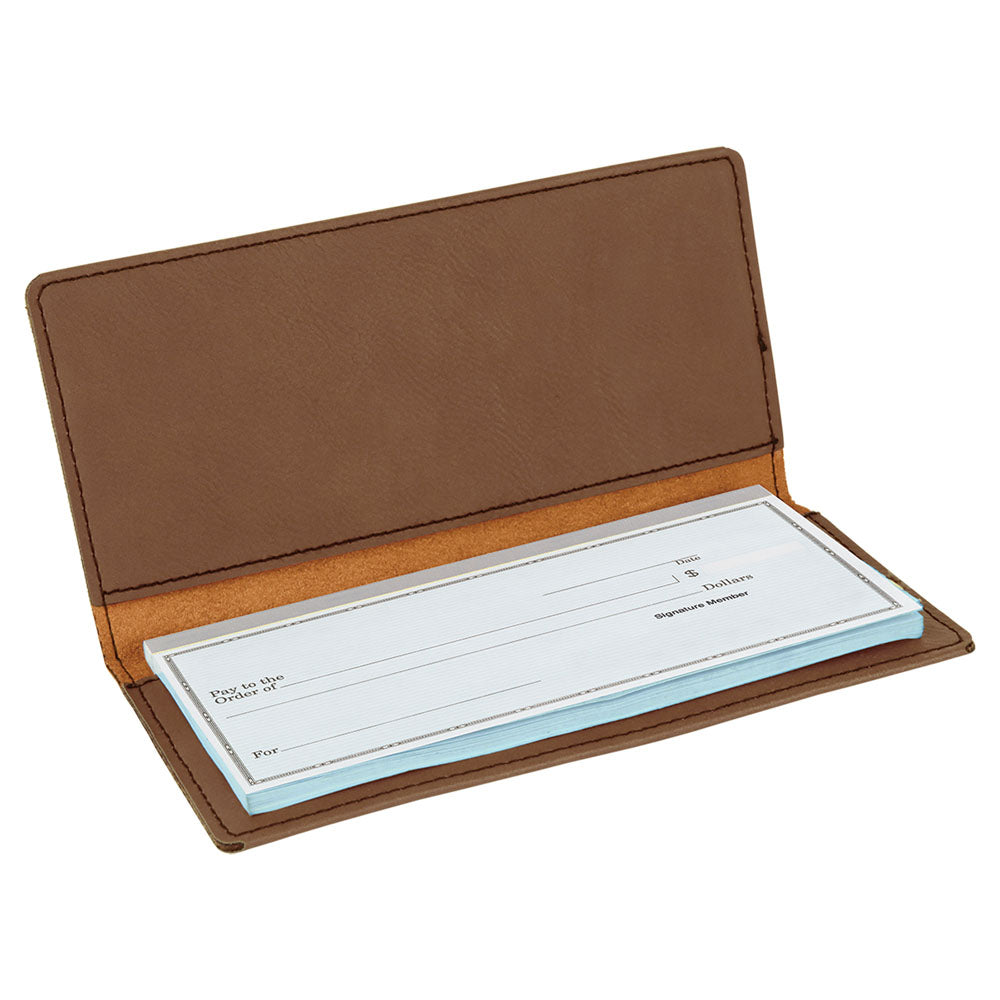 Personalized Laser Engraved 6 3/4" x 3 1/2" Dark Brown Leatherette Checkbook Cover