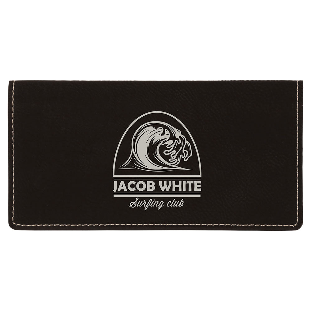 Personalized Laser Engraved 6 3/4" x 3 1/2" Black/Silver Leatherette Checkbook Cover