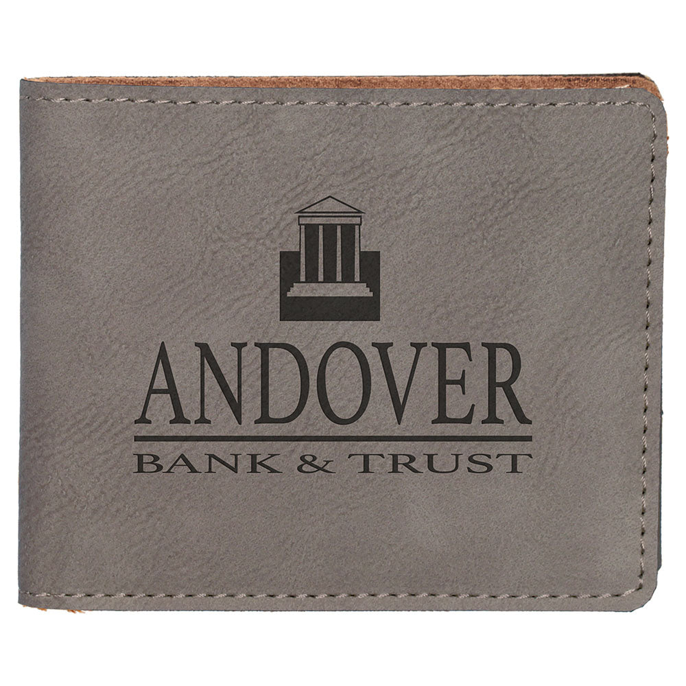 Personalized Laser Engraved 4 1/2" x 3 1/2" Gray Leatherette Bifold Wallet