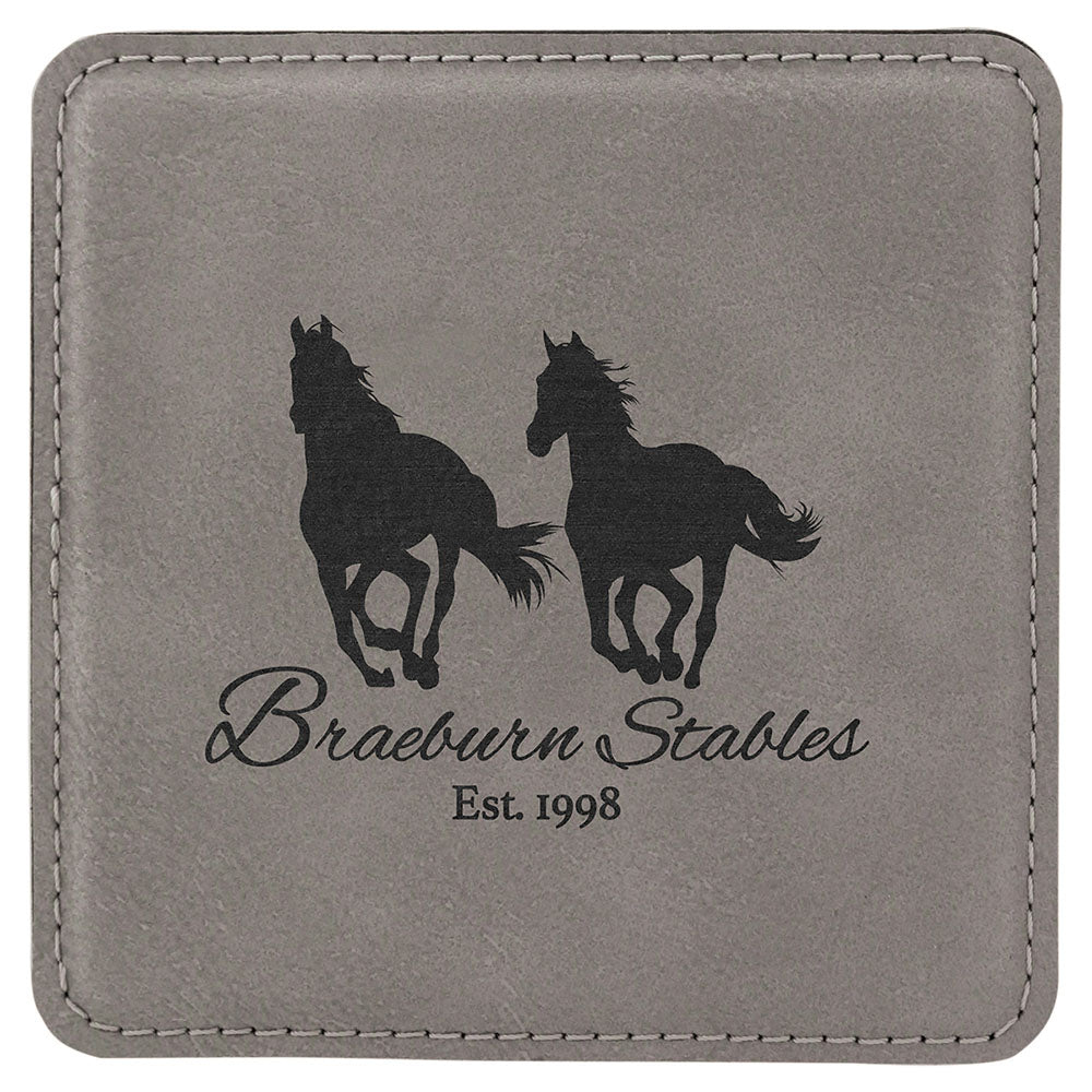 Personalized Laser Engraved 4" x 4" Square Gray Leatherette Coaster