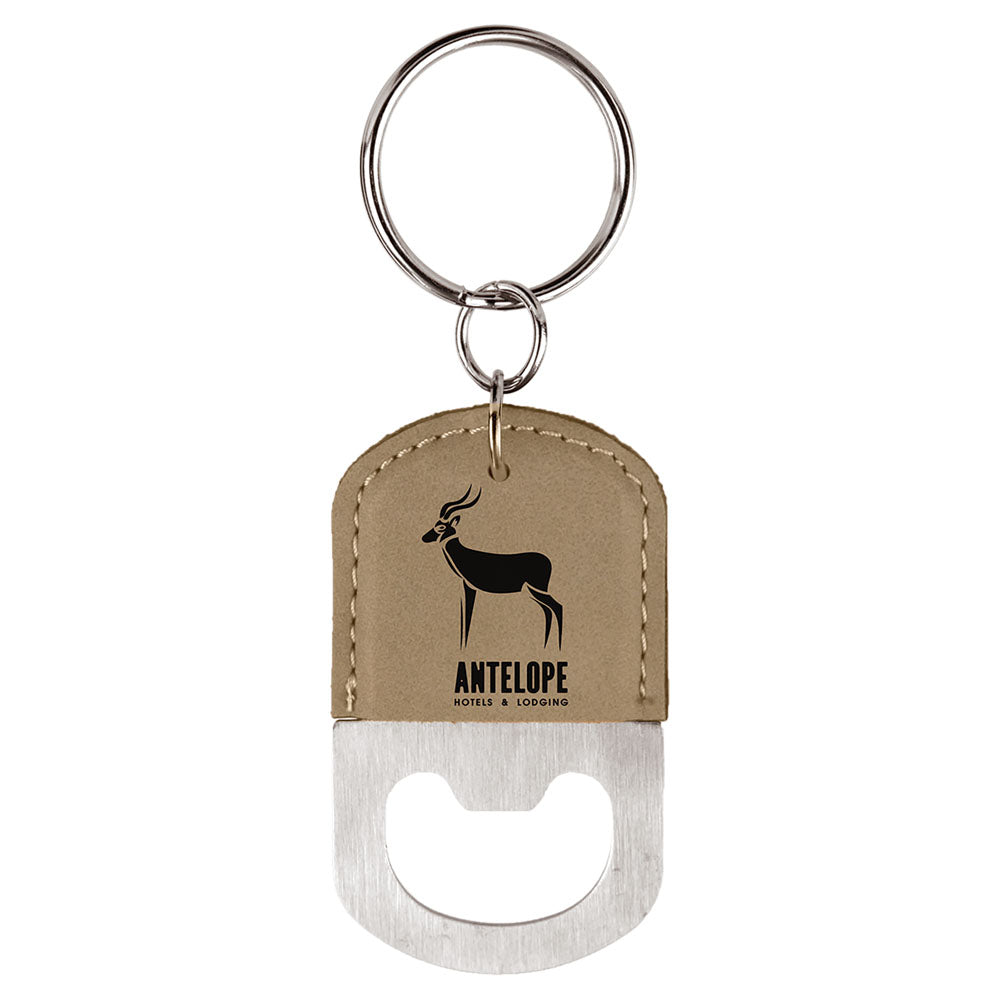 Personalized Laser Engraved Oval Light Brown Leatherette Bottle Opener Keychain