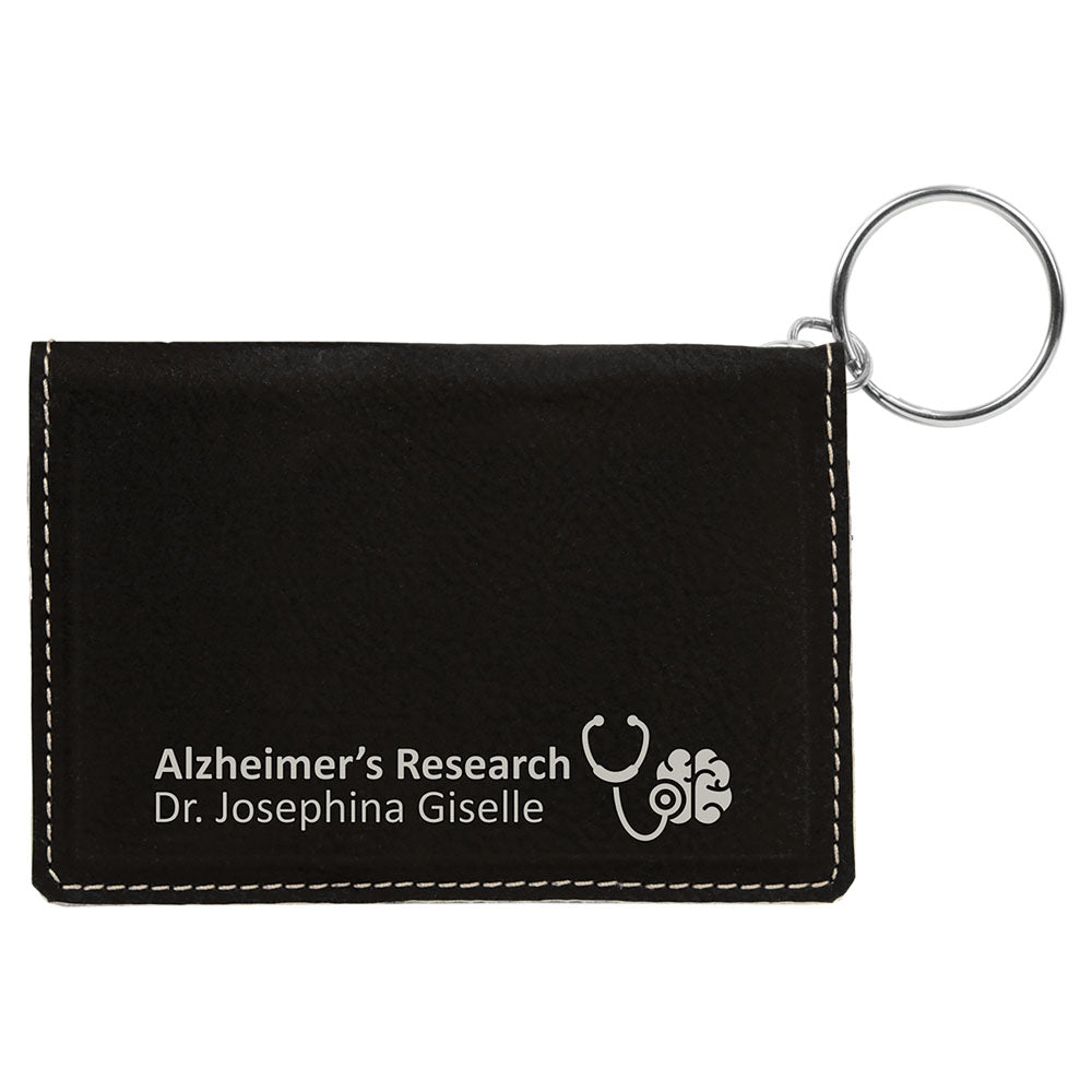Personalized Laser Engraved 4 1/4" x 3" Black/Silver Leatherette Keychain ID Holder