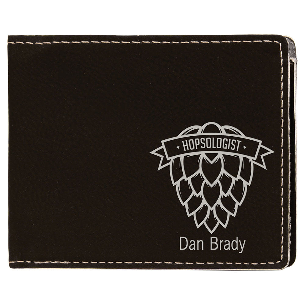 Personalized Laser Engraved 4 1/2" x 3 1/2" Black/Silver Leatherette Bifold Wallet