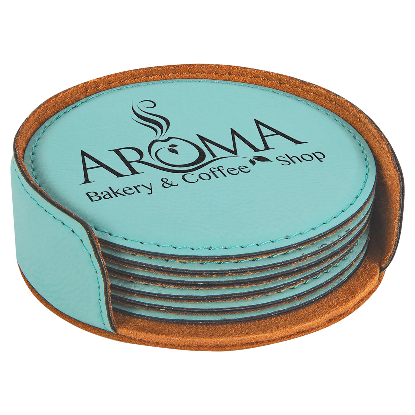 Personalized Laser Engraved Teal Leatherette Round 6-Coaster Set