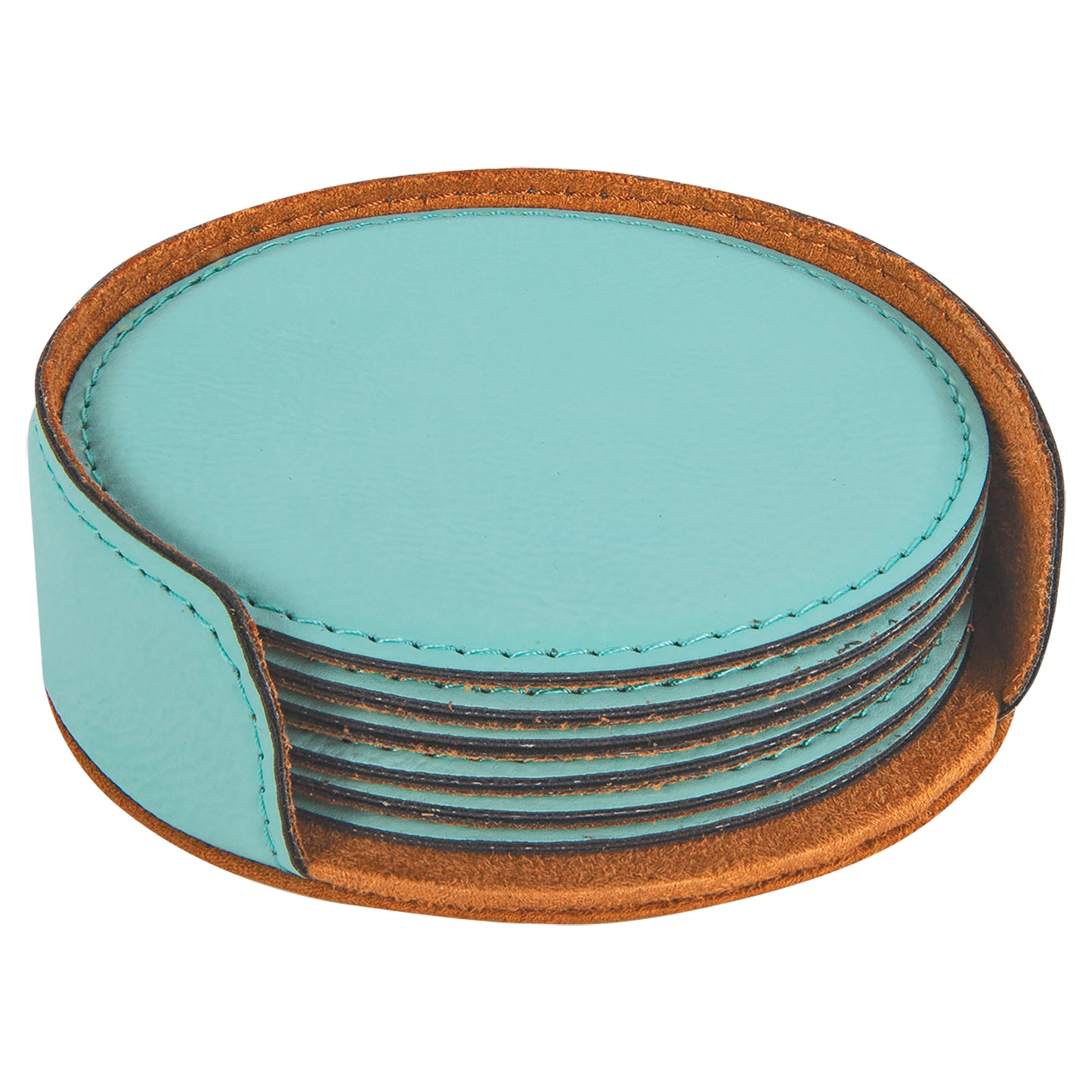 Personalized Laser Engraved Teal Leatherette Round 6-Coaster Set