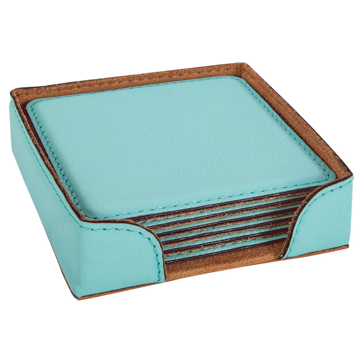 Personalized Laser Engraved Teal Leatherette Square 6-Coaster Set