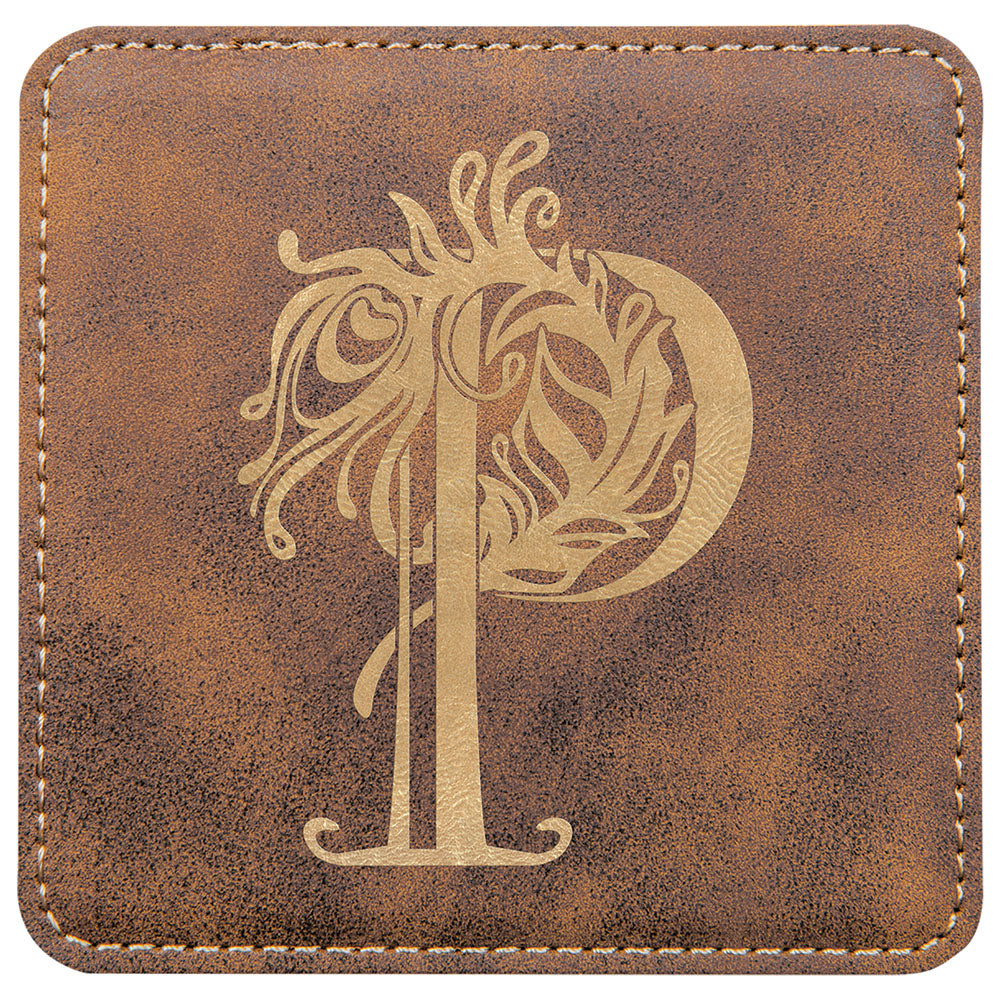 Personalized Laser Engraved 4" x 4" Square Rustic/Gold Leatherette Coaster