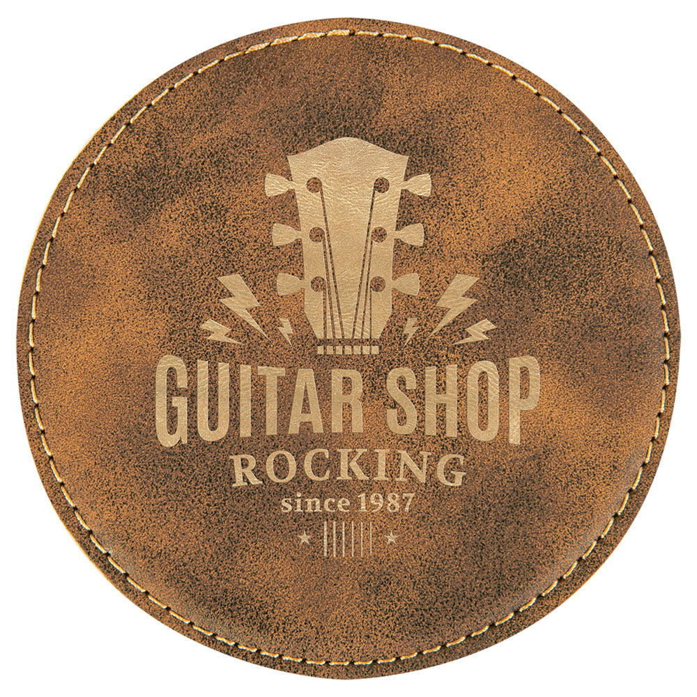 Personalized Laser Engraved 4" Round Rustic/Gold Leatherette Coaster