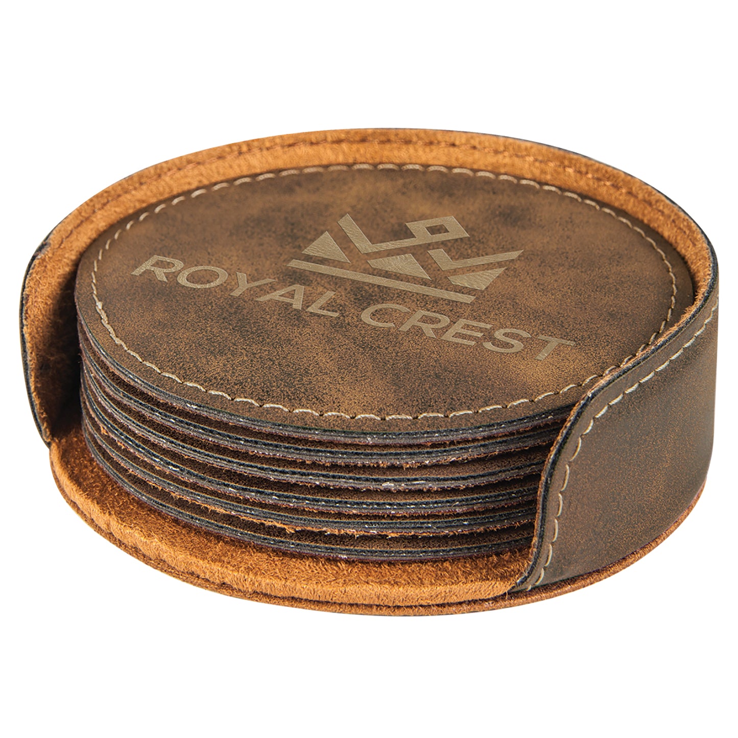 Personalized Laser Engraved Rustic/Gold Leatherette Round 6-Coaster Set