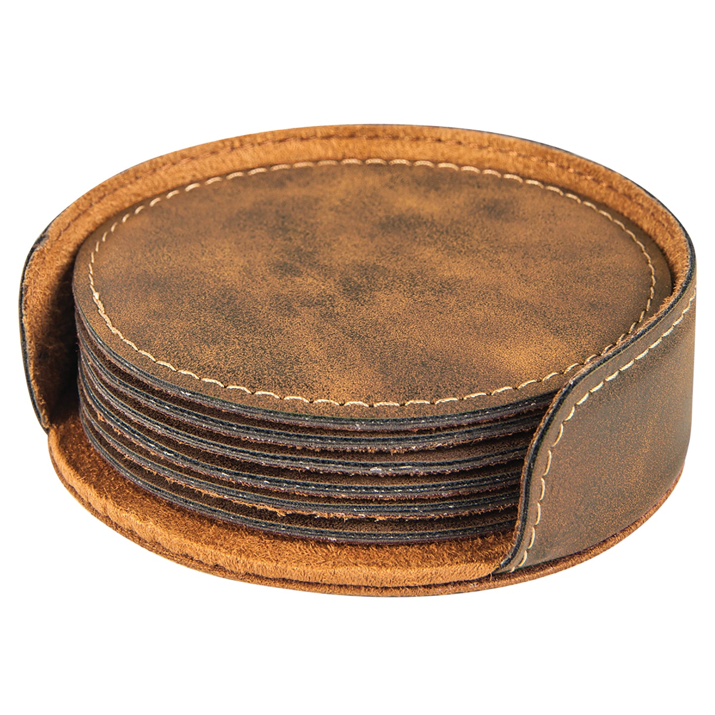 Personalized Laser Engraved Rustic/Gold Leatherette Round 6-Coaster Set