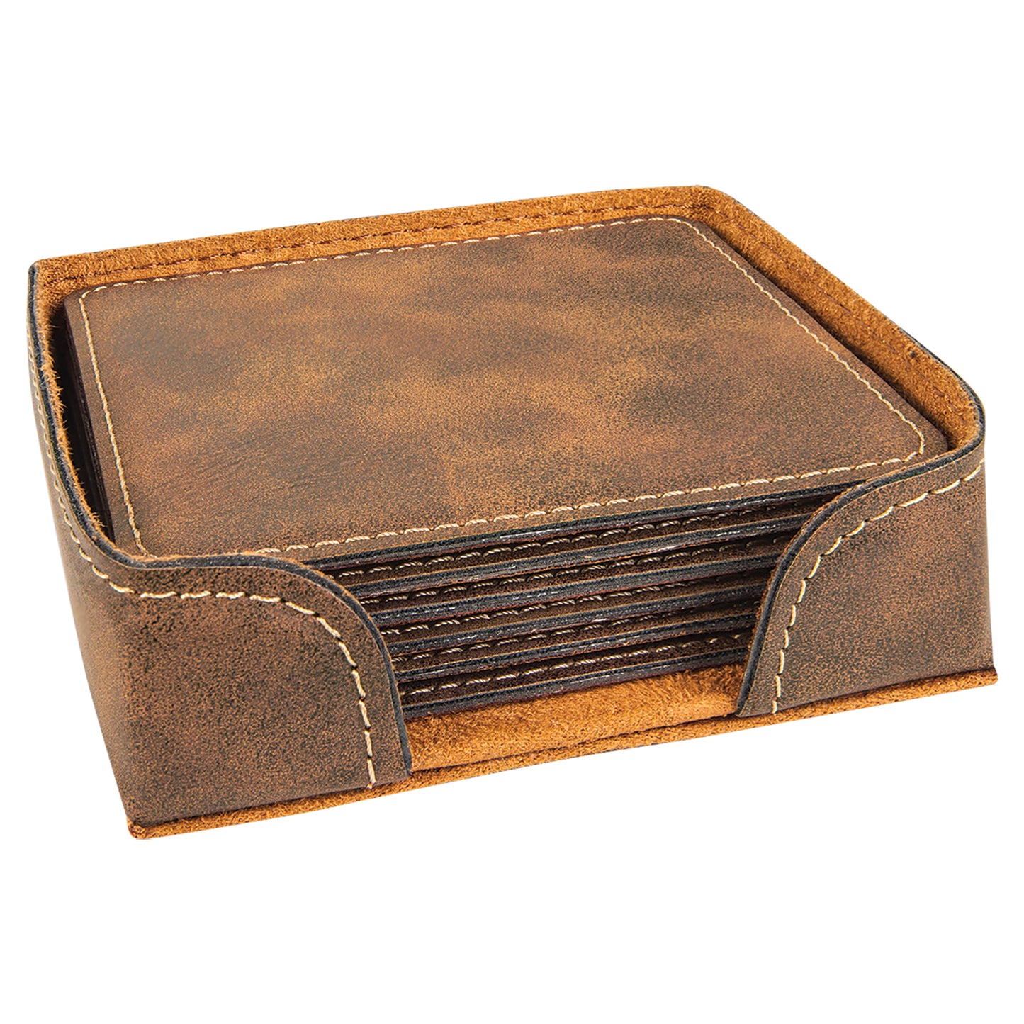 Personalized Laser Engraved Rustic/Gold Leatherette Square 6-Coaster Set
