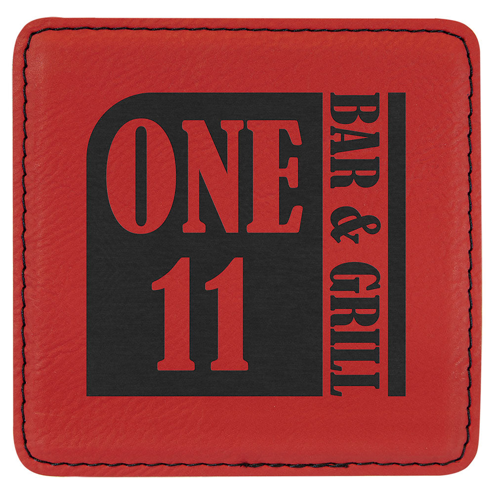 Personalized Laser Engraved 4" x 4" Square Red Leatherette Coaster