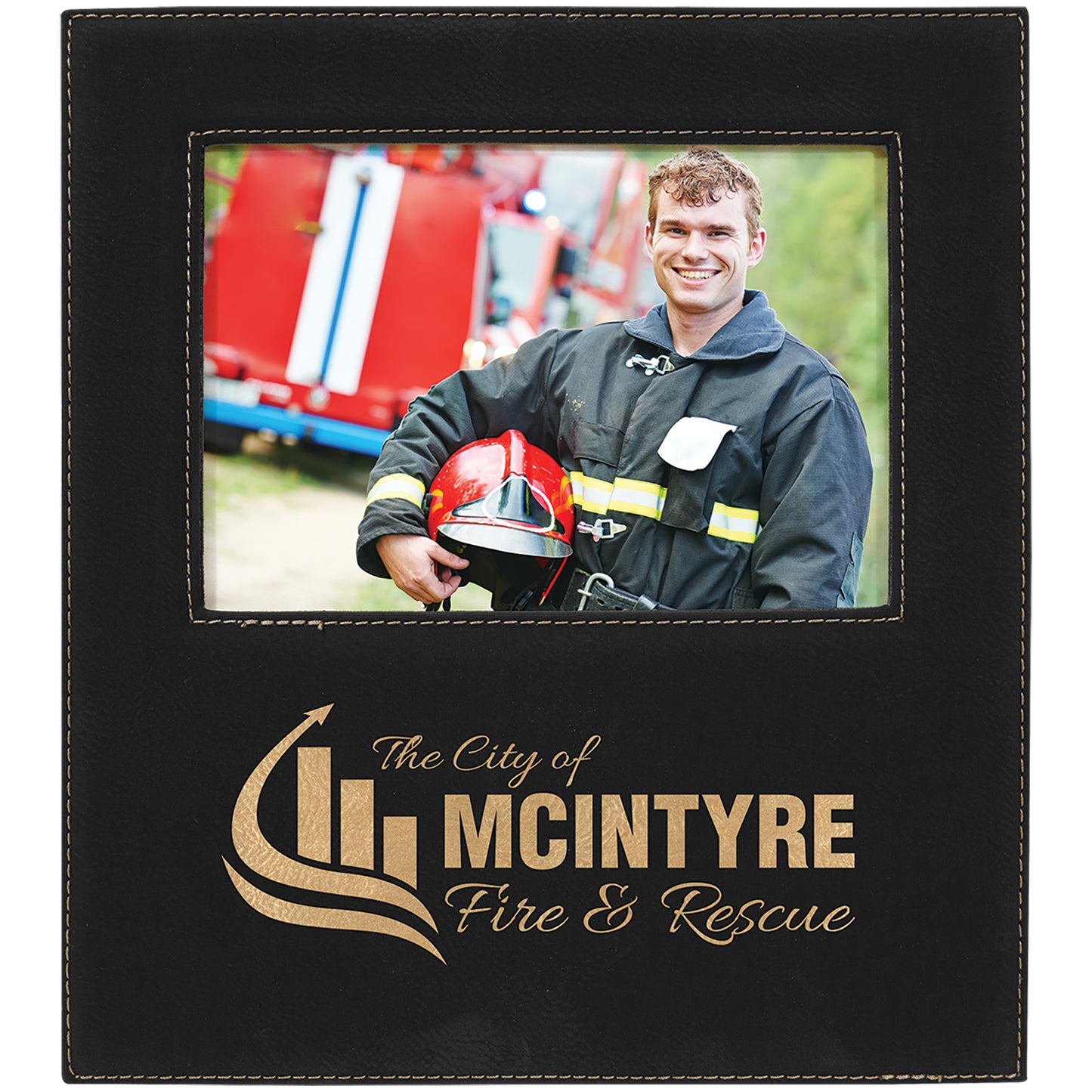 Personalized Laser Engraved 5" x 7" Black/Gold Leatherette Photo Frame with 4 1/4" x 8 7/8" Engraving Area
