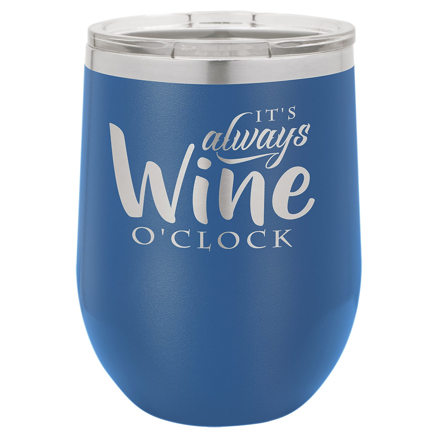 Personalized Laser Engraved Royal Blue 12 oz. Polar Camel Stemless Wine Tumbler with Clear Lid